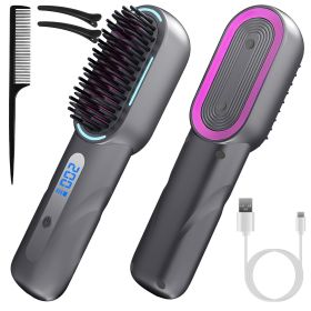 Cordless Hair Straightener Brush Rechargeable Mini Styling Comb with 4 Heating Levels Blue Light Sterilization Single press Stray Hair Removal 20Mins (Option: StraightenerBrushGrey)